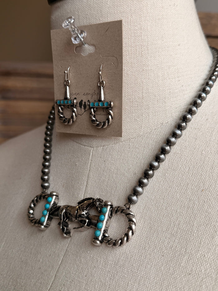 Turquoise horse snaffle bit charm necklace and drop earrings, silver-tone with beads
