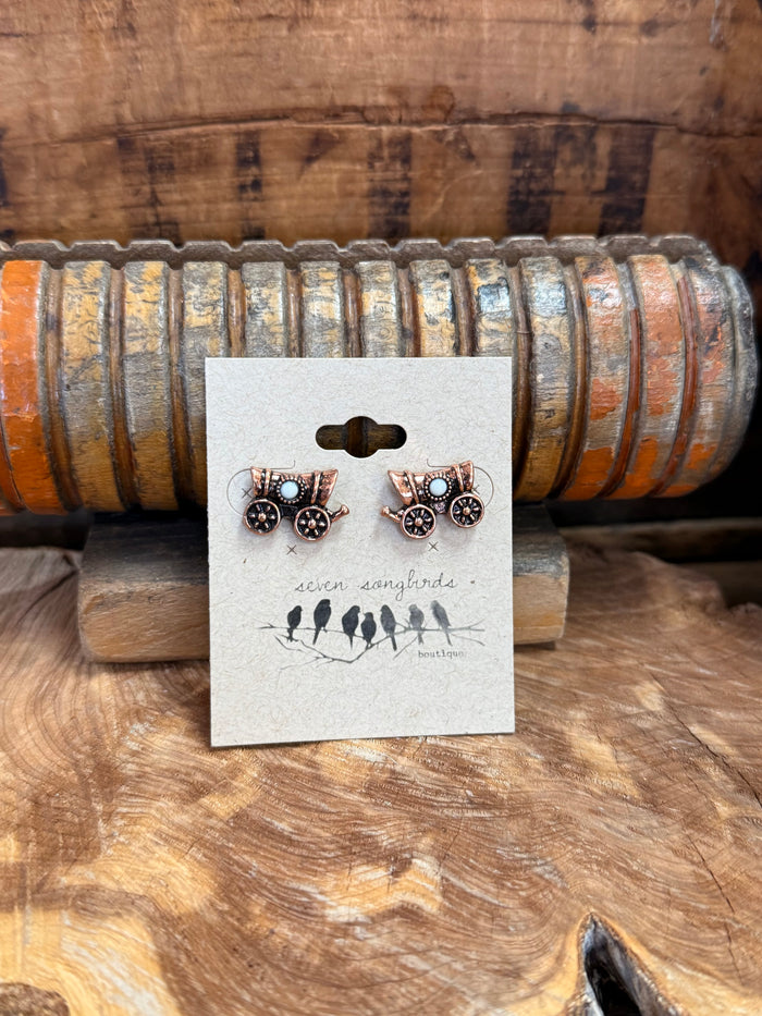 Wagon stud earrings on card: copper round floral studs with turquoise accents