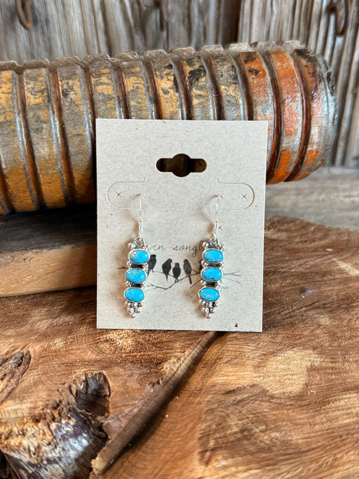 Turquoise triple-stacked cluster earrings with silver-tone hooks and dangling beads