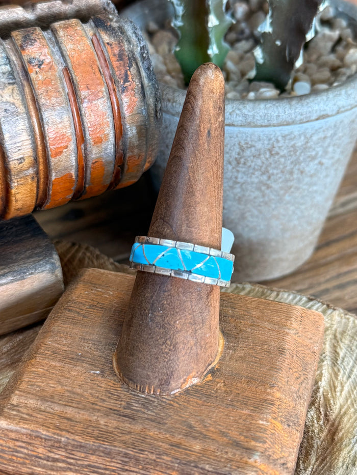 Turquoise inlay ring with silver band, blue rectangular bezel stones