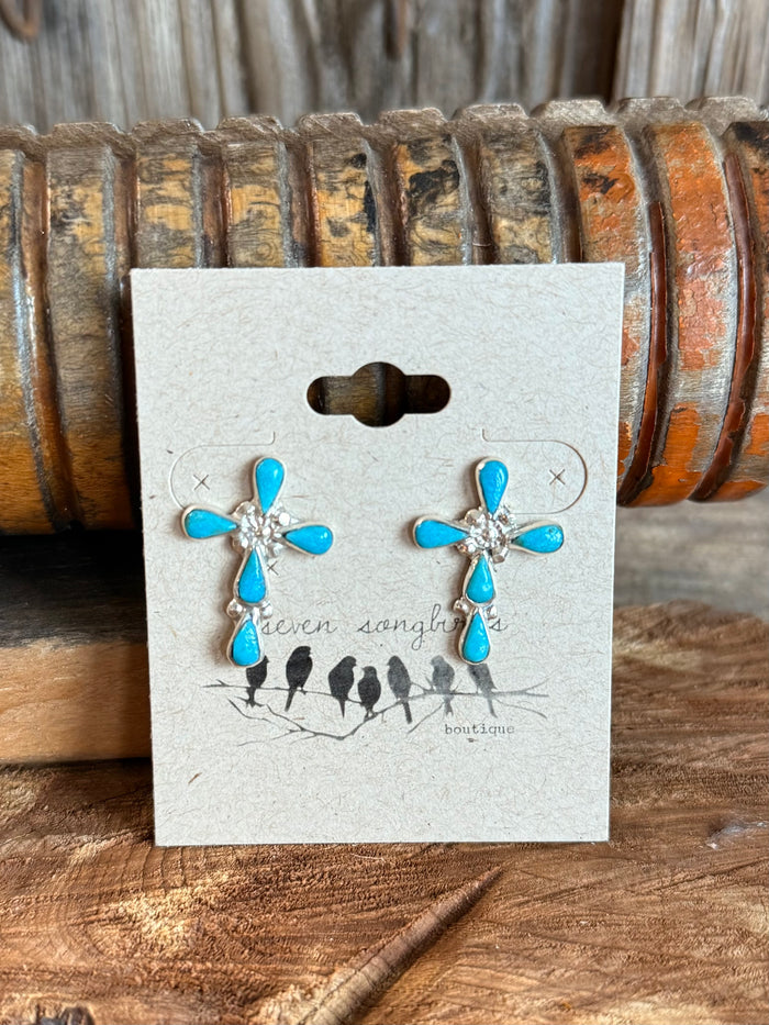 Turquoise cross stud earrings in sterling silver with dangling turquoise drops