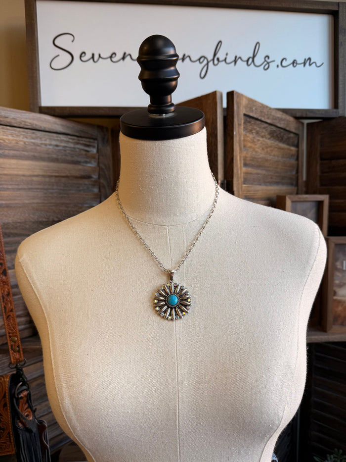 Turquoise crystal flower pendant necklace with silver-tone chain