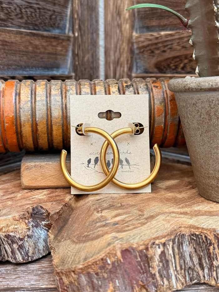 Gold-plated hoop stud earrings, round gold-tone hoops with small ear-stud backs