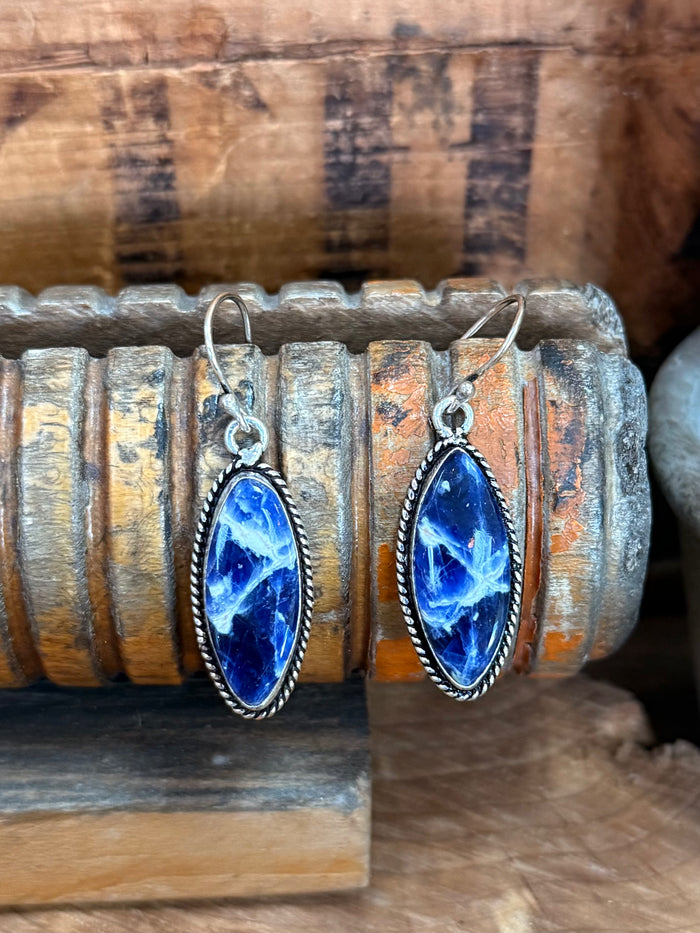 Blue oval sodalite fishhook earrings with silver-tone bezel, front view on display.