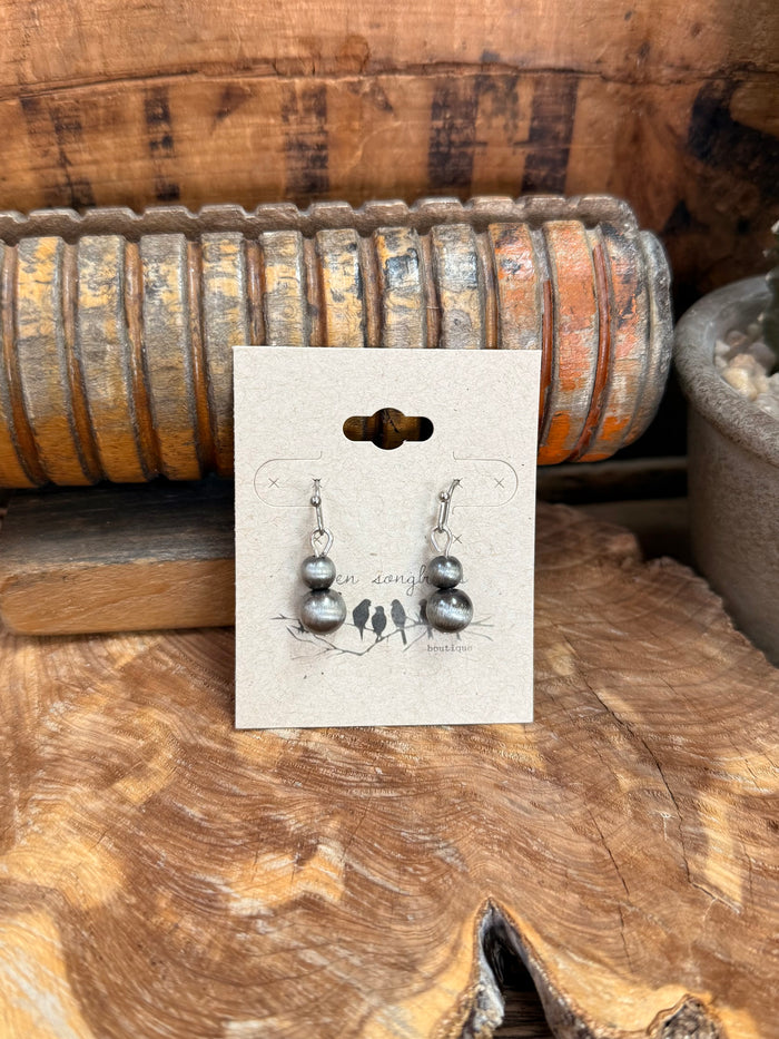 Silver-tone mini dangle drop earrings with stacked round beads, fishhook backs