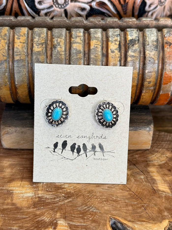 Turquoise concho stud earrings with silver scalloped border and round blue centers