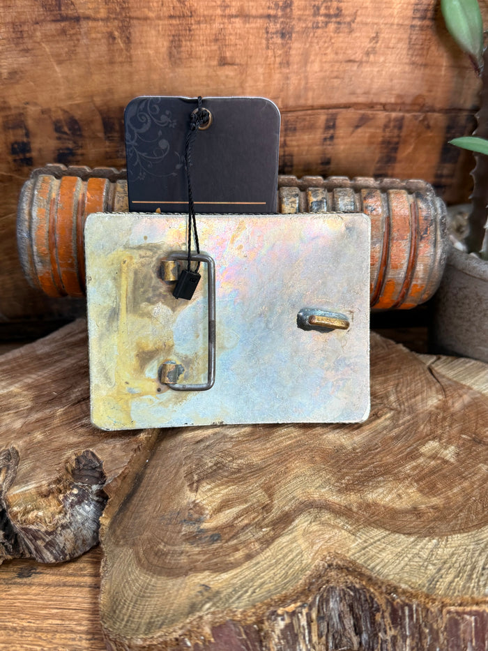 Silver-tone belt buckle back plate with metal tongue and looped keeper hardware