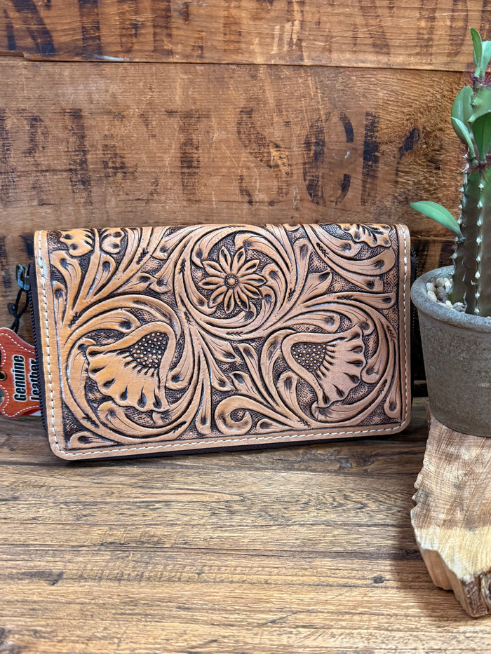 Tooled leather zip-around wallet, ornate floral and animal relief design on front panel