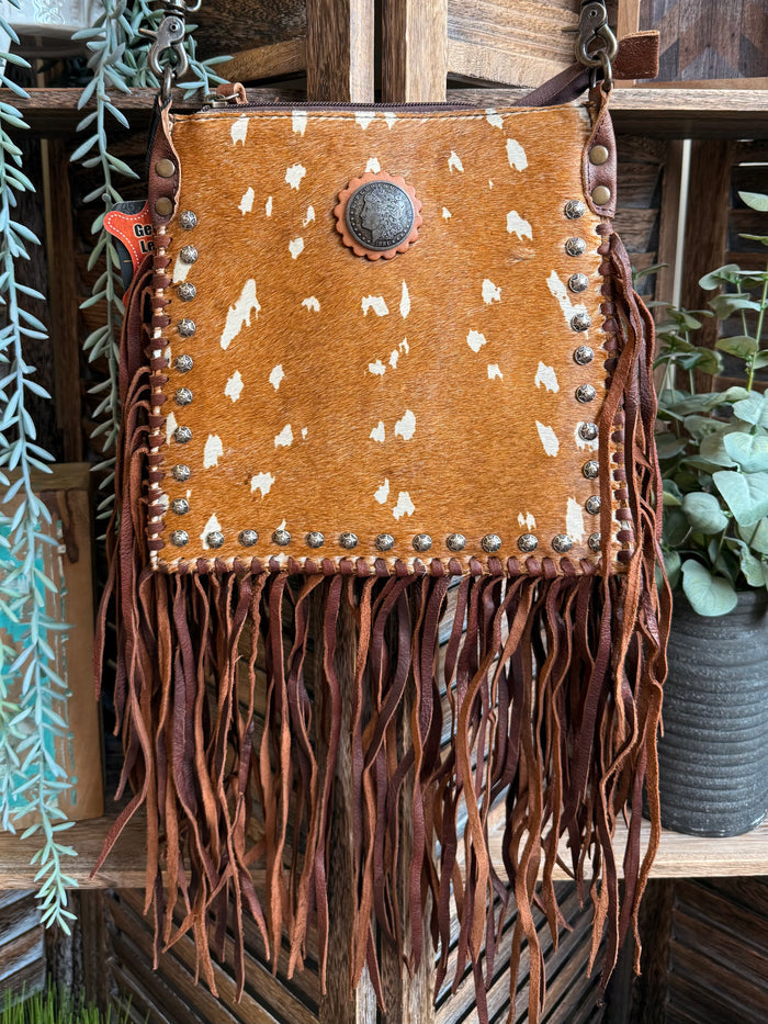 Fringed deer-print cowhide coin crossbody purse, tan with white animal spots