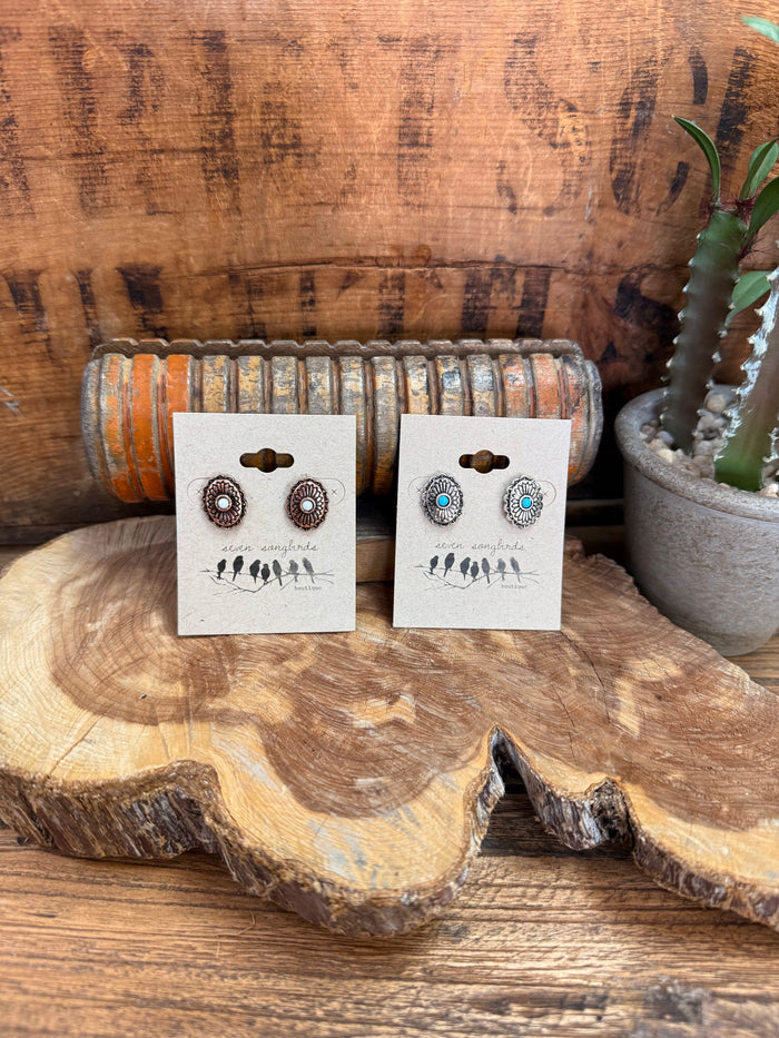 Concho stud earrings with round turquoise stone, bronze-tone posts