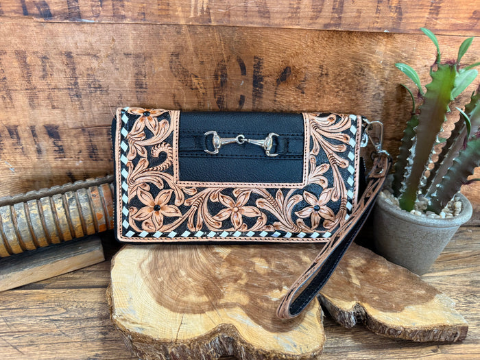 Floral tooled leather wristlet wallet, dark body, silver chain and snap closure