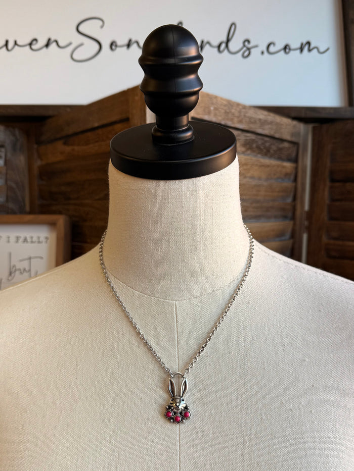 Bunny necklace with stone, silver chain and bunny charm with blue and pink stones