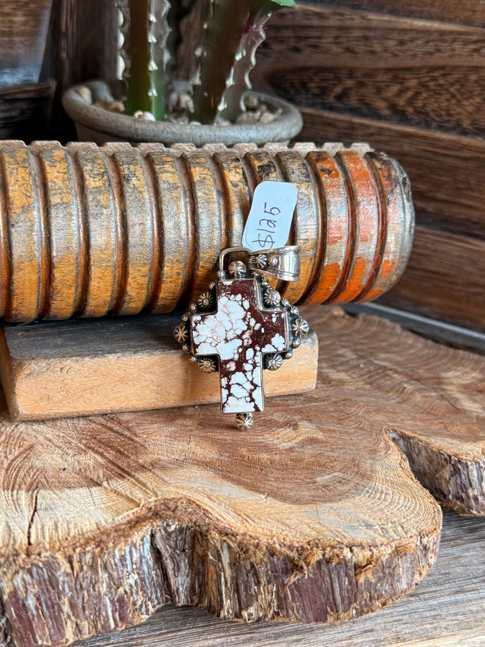 Sterling silver cross pendant with wild horse jasper marbled inlay and ornate frame