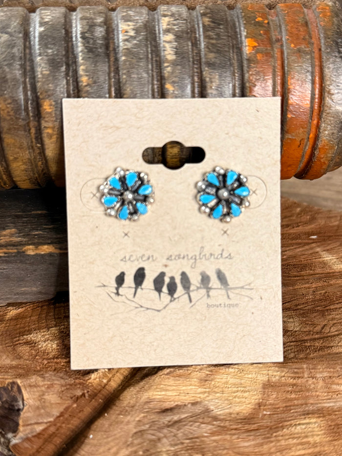 Turquoise blue flower stud earrings, silver-tone settings with round crystal detail