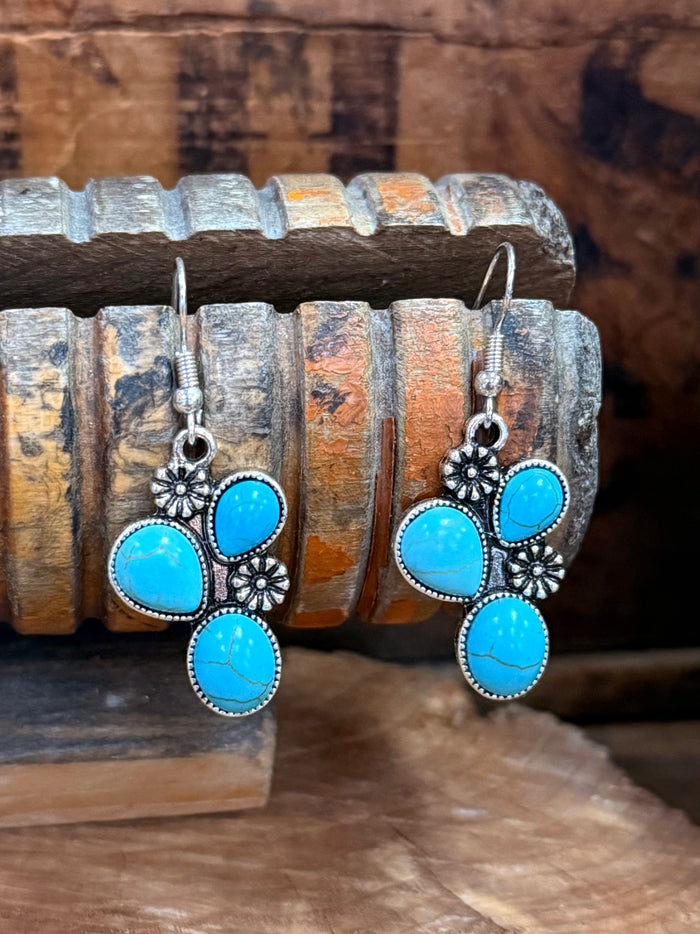 Turquoise cactus cluster drop earrings with silver filigree and fishhook closures
