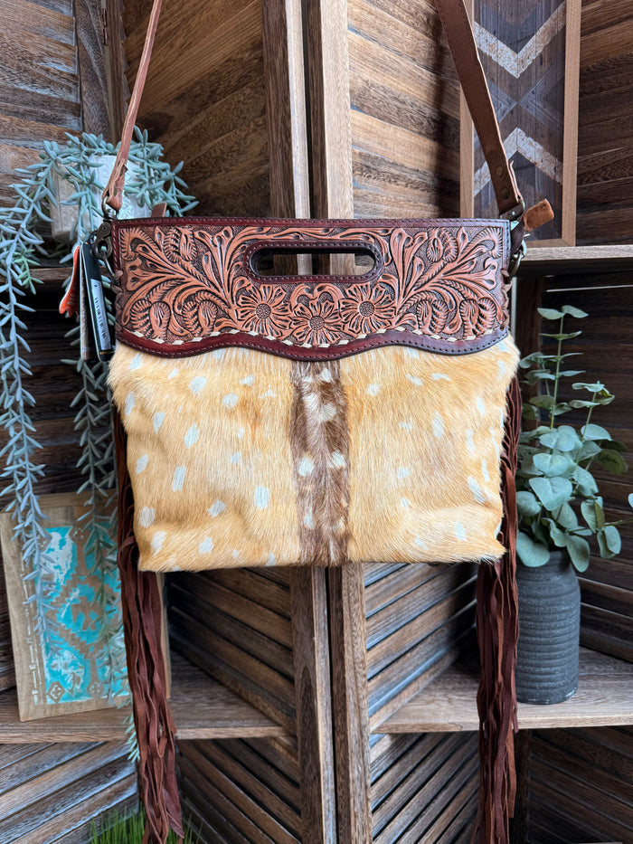 Cowhide deer print fringed crossbody purse with floral tooled top and long strap