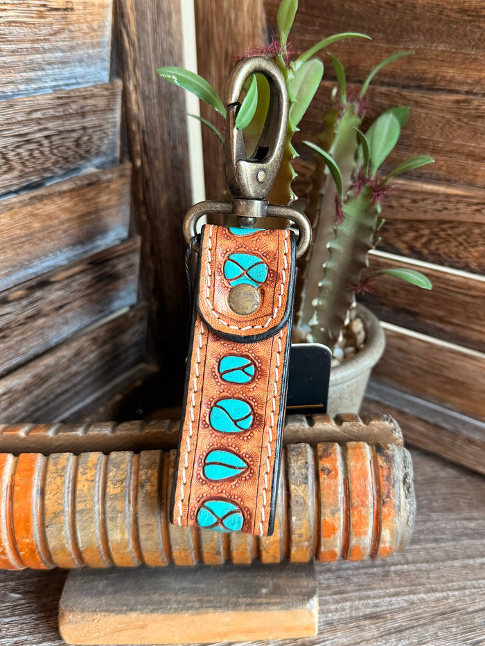 Tooled leather keychain strap with turquoise stone inlays and metal loop