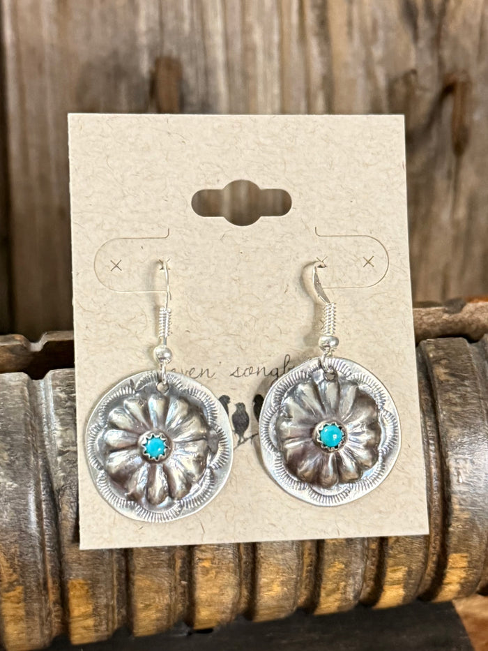 Turquoise concho earrings with embossed round silver medallions and blue cabochon