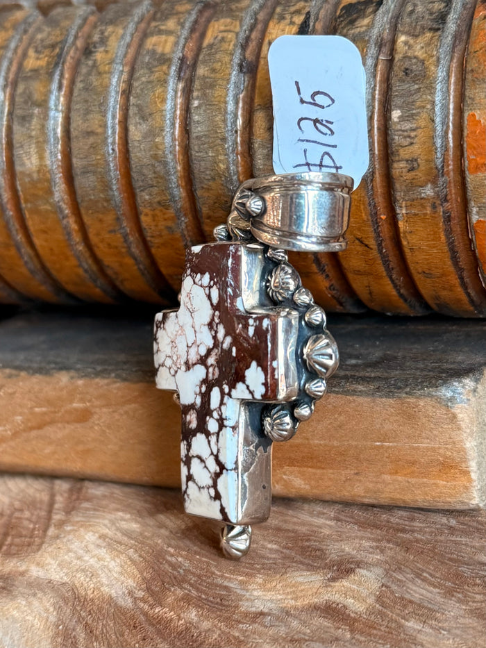 Sterling silver cross pendant with wild horse jasper inlay and top bale for chain