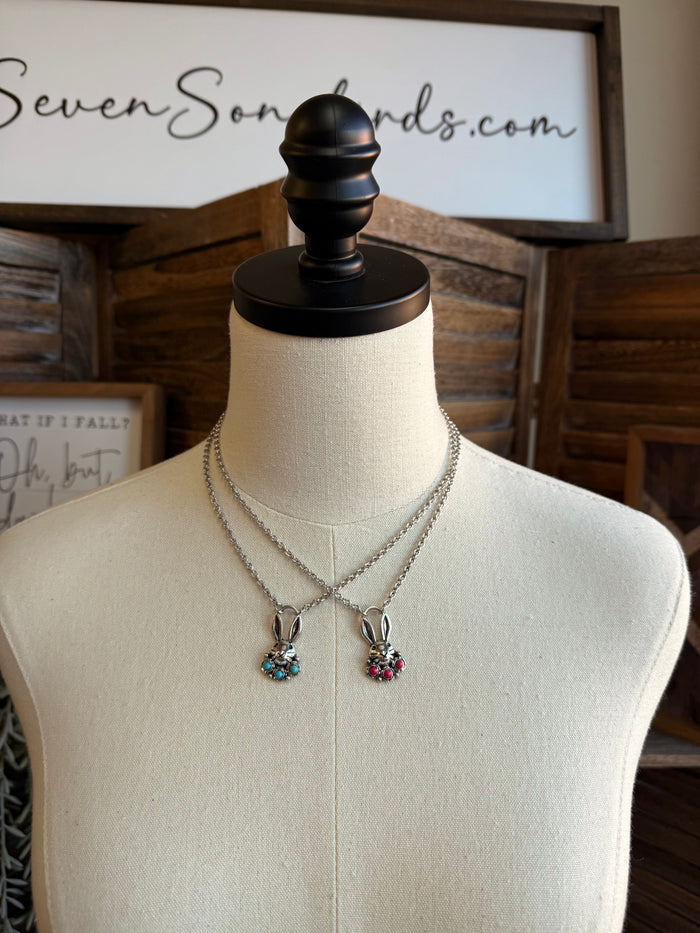 Bunny necklace with stone, silver chain, two bunny charms with blue and pink details