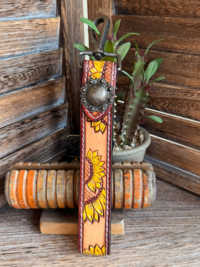 Sunflower tooled leather keychain, orange leather with yellow blooms and silver top ring