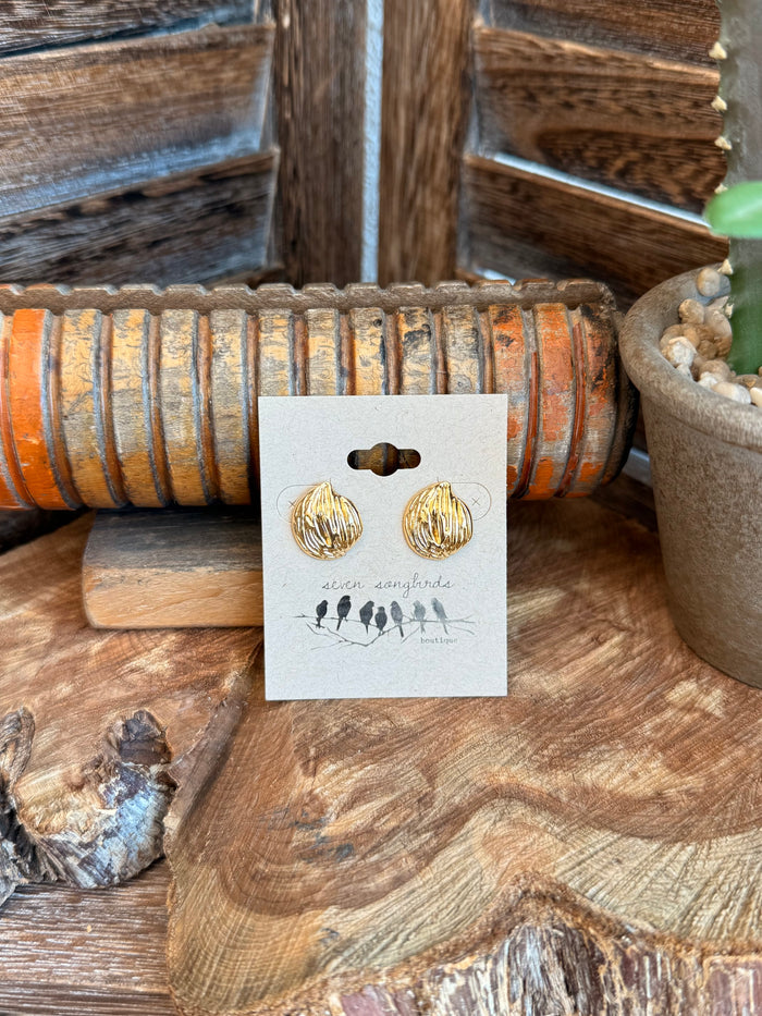 Gold-tone textured round stud earrings displayed on a white product card