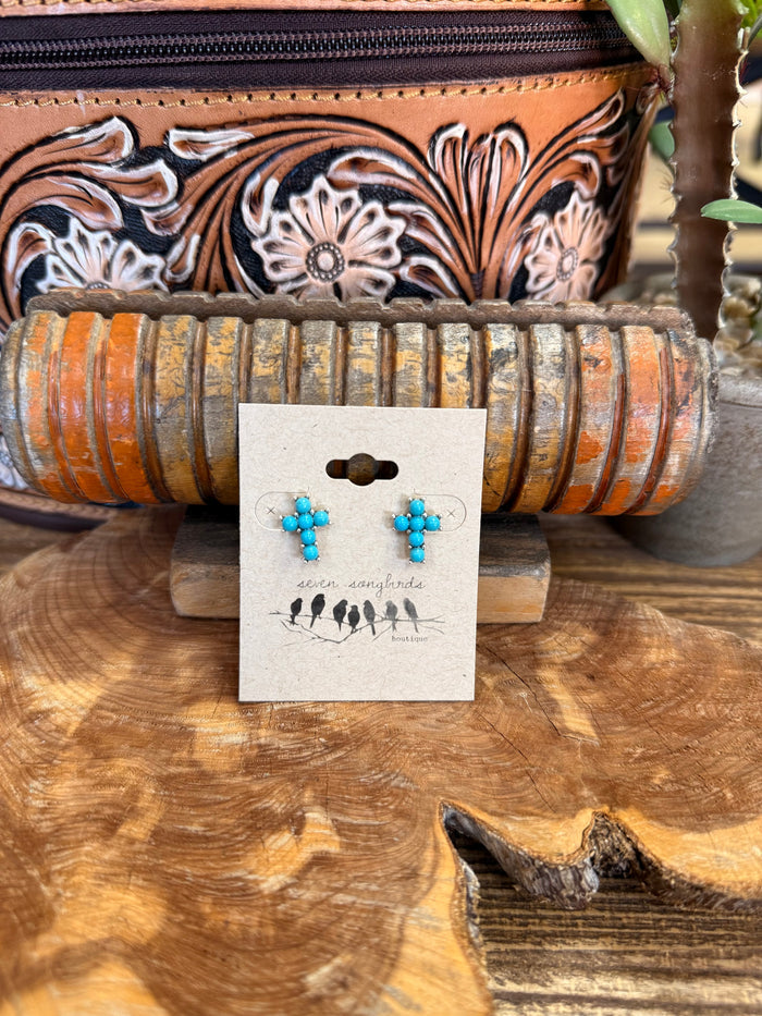 Beaded turquoise cross stud earrings, silver-tone posts