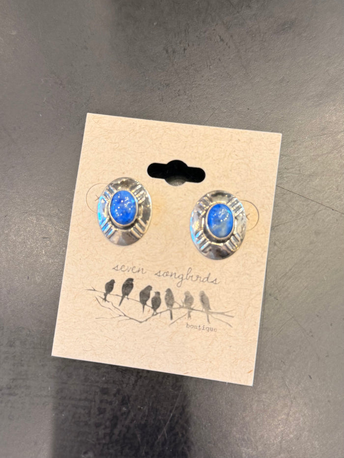 Silver-tone oval stud earrings with blue lapis-look center, Native-inspired detail