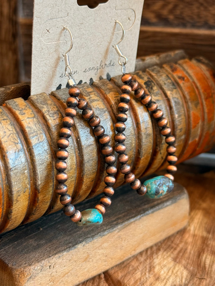 Copper hoop earrings with turquoise teardrop accents, close-up side view of hoops