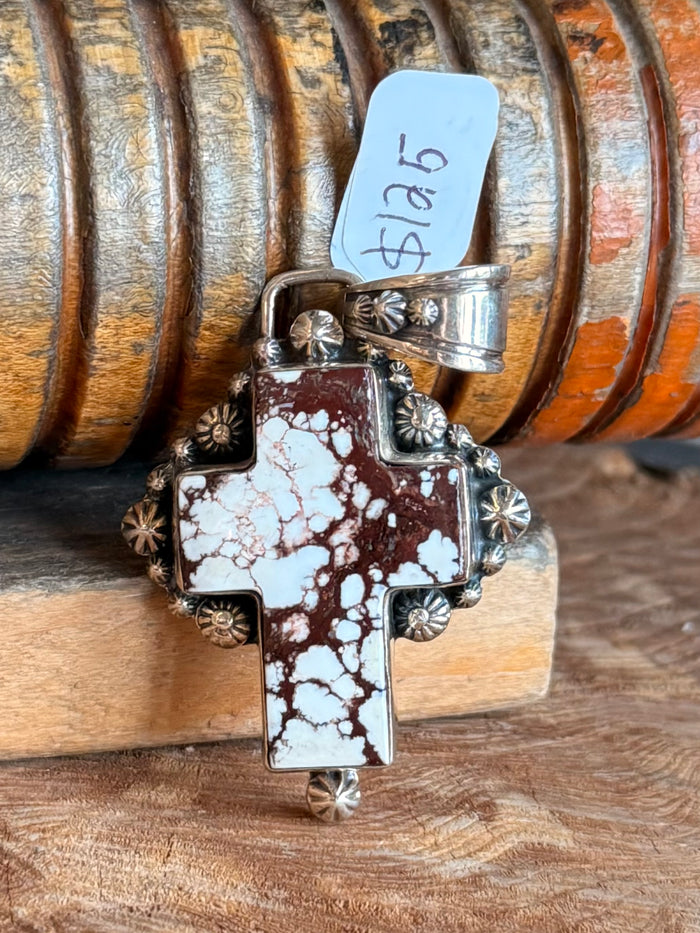 Sterling silver cross pendant with white-and-brown wild horse jasper inlaid center