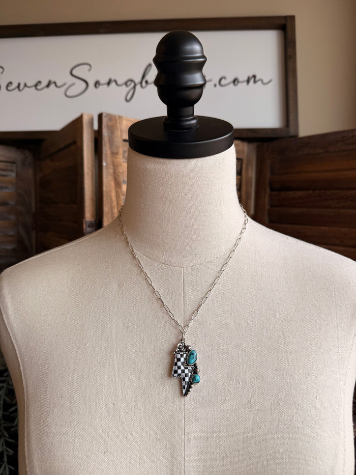 18-inch checkered lightning bolt pendant necklace with turquoise stones on silver chain