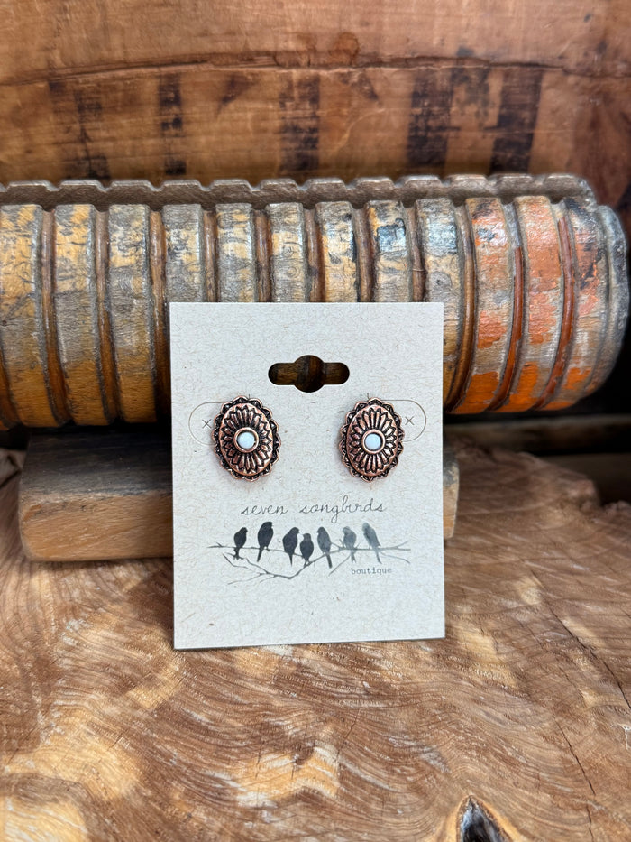 Turquoise-stone concho stud earrings with round scalloped settings, bronze posts