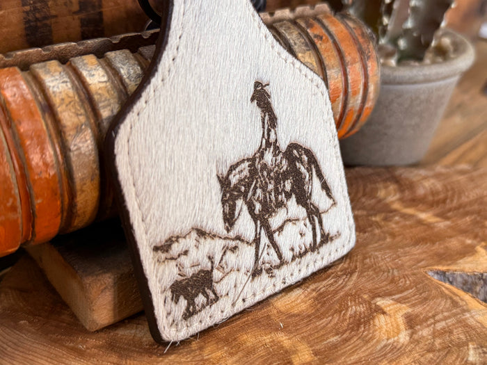 Cowgirl dog hair-on key fob, detailed white patch with horse and dog artwork