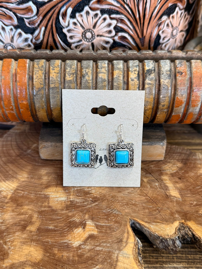 Silver-tone square filigree fishhook earrings with turquoise blue square stones