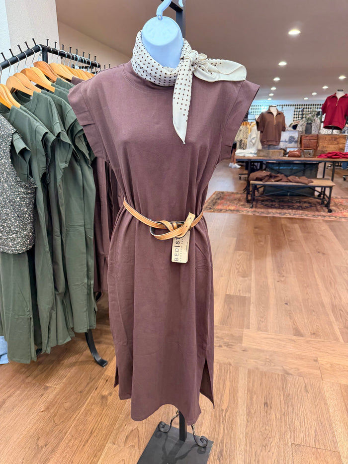 Chocolate brown knit midi dress with tie neck and short sleeves