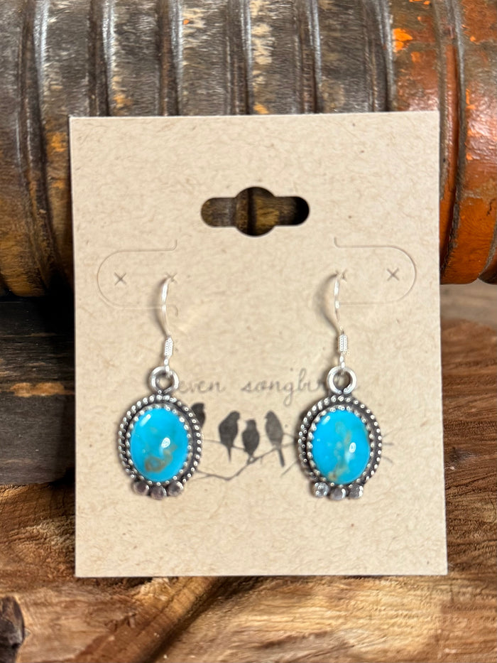 Turquoise oval fishhook earrings with silver beaded settings on fishhook wires