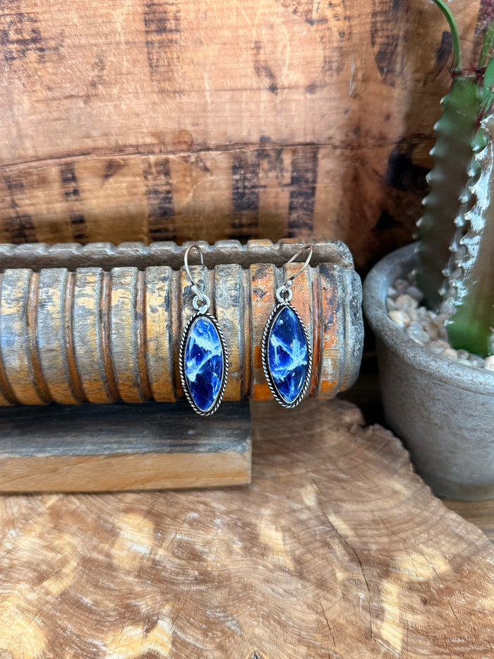 Oval blue sodalite fishhook earrings in silver-tone metal, hanging detail view.