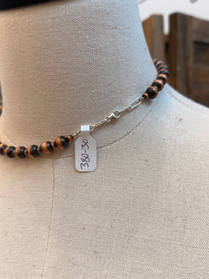 Copper bead necklace with engraved tag clasp marked 364-30