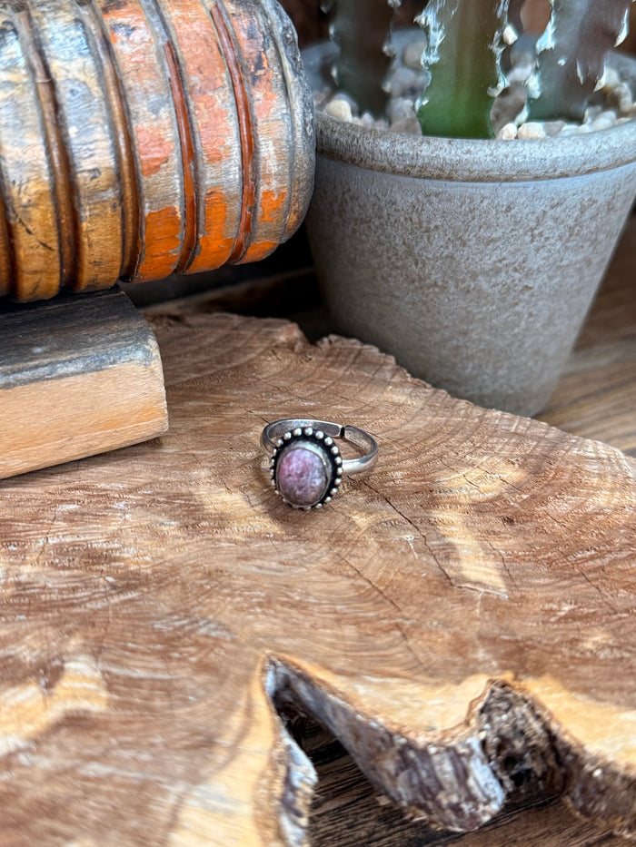 Adjustable silver-tone ring with purple oval natural stone and beaded bezel
