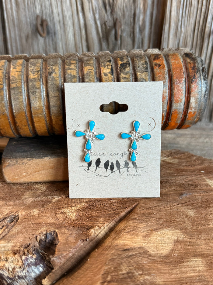 Sterling silver stud earrings with turquoise cross and dangling charms