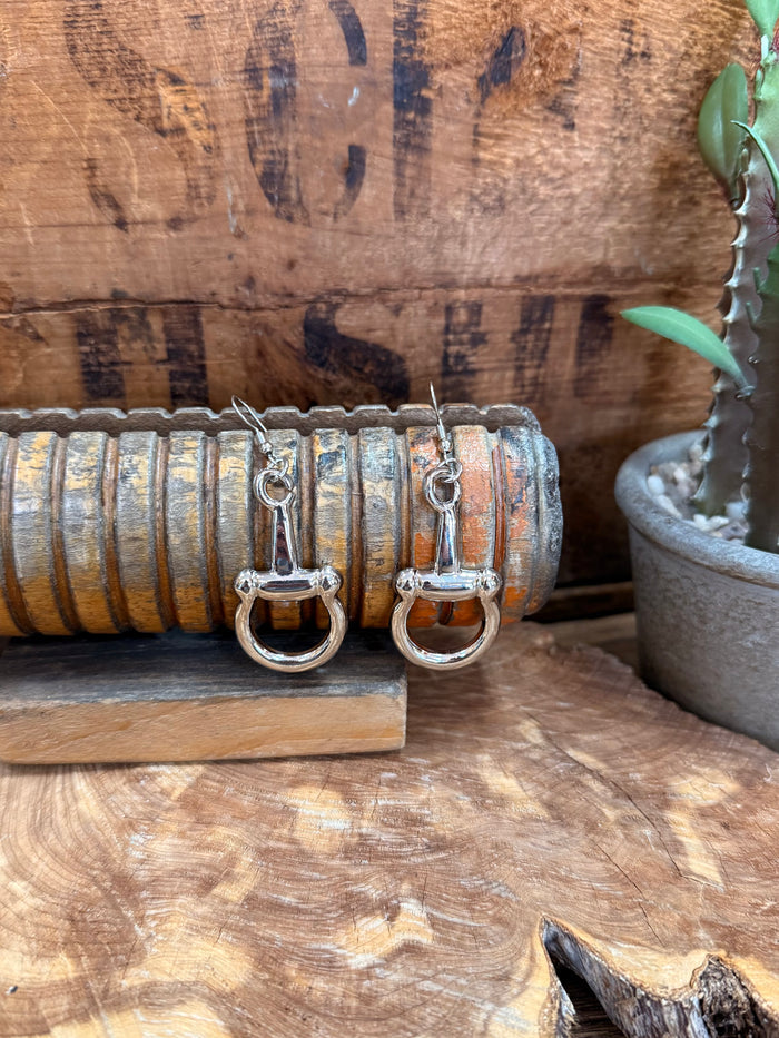 Silver snaffle bit drop earrings with hinged mouthpiece and clasp hooks
