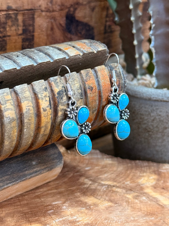 Silver and turquoise cactus cluster dangle earrings with three turquoise cabochons