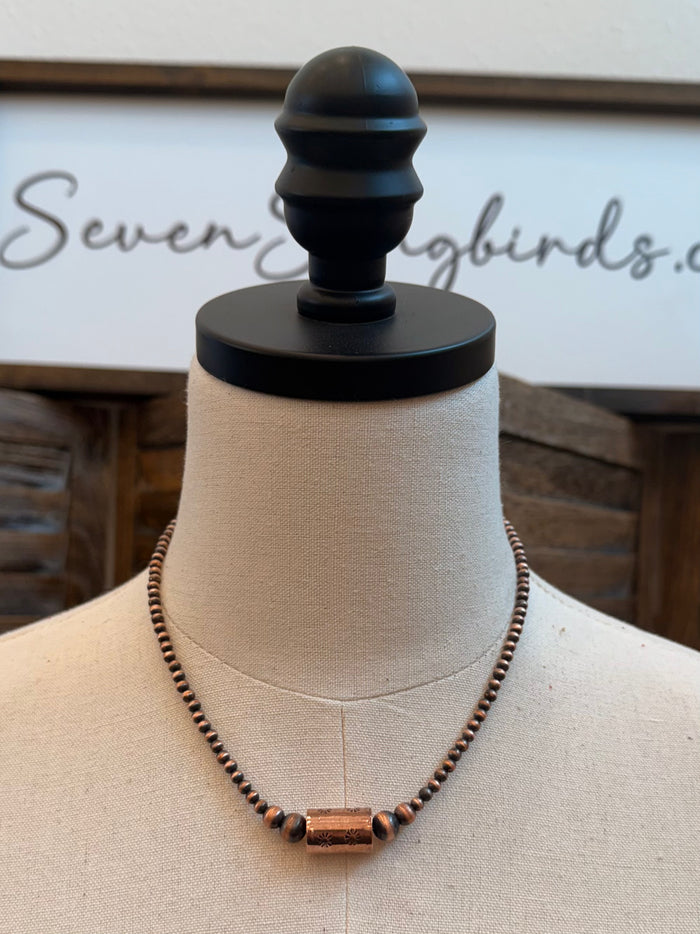 Genuine copper barrel bead necklace with copper barrel centerpiece beads