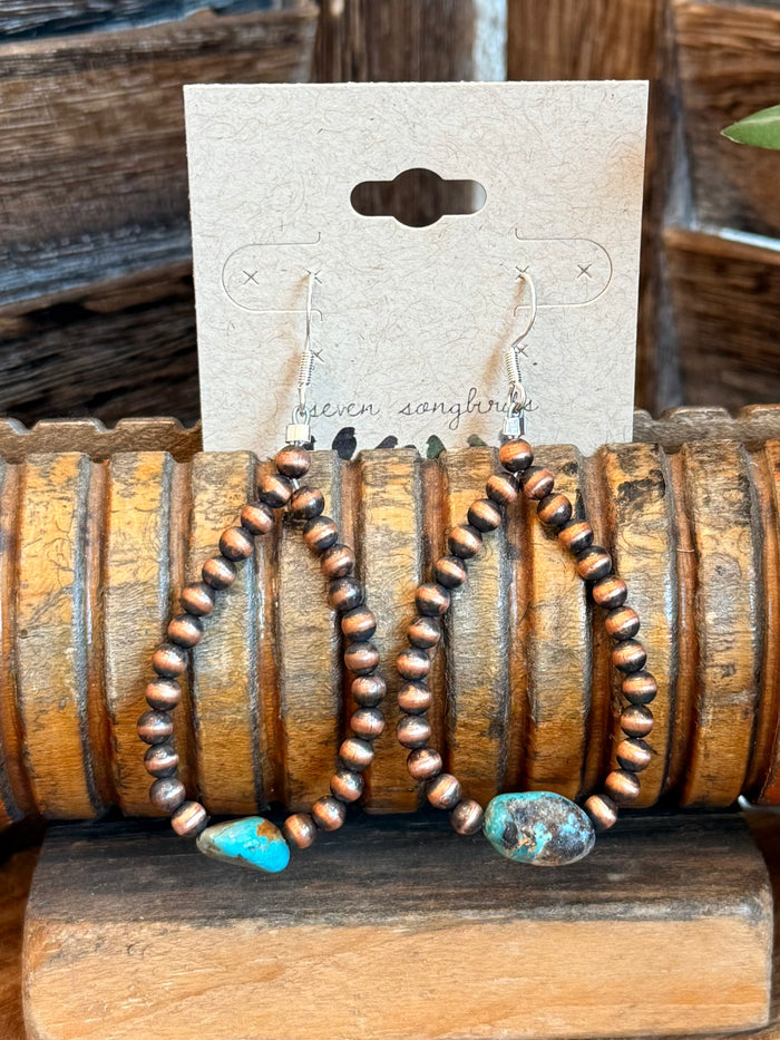 Copper hoop earrings with turquoise teardrop accents, silver hooks, beaded texture