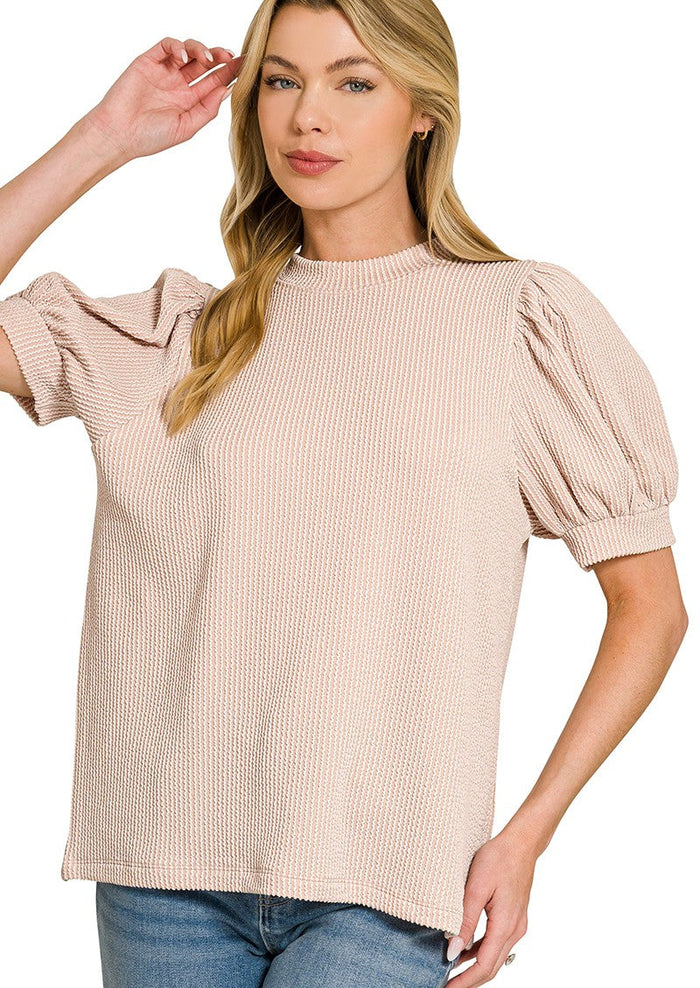 Mocha ribbed puff-sleeve T-shirt with crew neck, gathered sleeves and short cuff