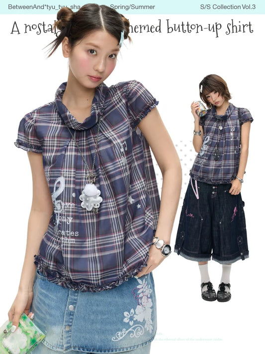 A nostalgic melody-themed button up checked top