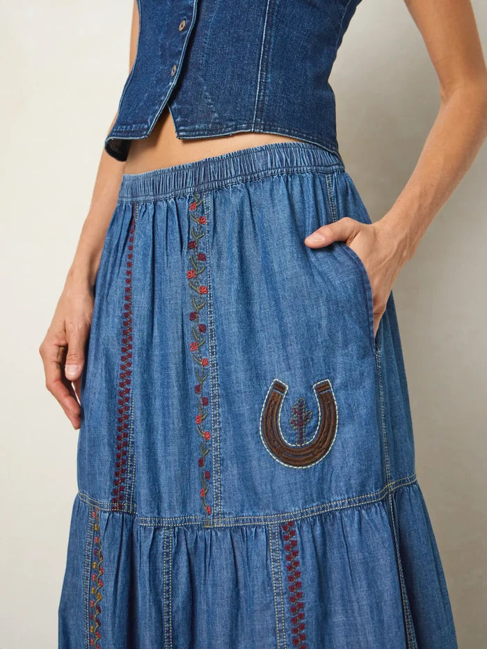 Abilene Embroidered Cotton Maxi Skirt - Denim-view 1