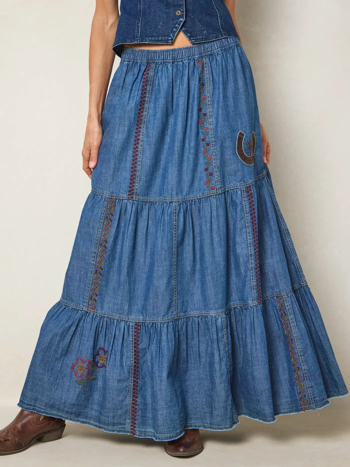 Abilene Embroidered Cotton Maxi Skirt - Denim-view 2