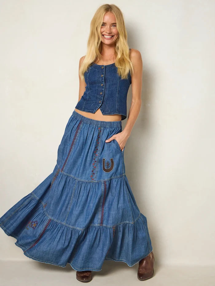 Abilene Embroidered Cotton Maxi Skirt - Denim-view 3