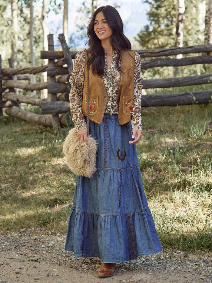 Abilene Embroidered Cotton Maxi Skirt - Denim-view 4